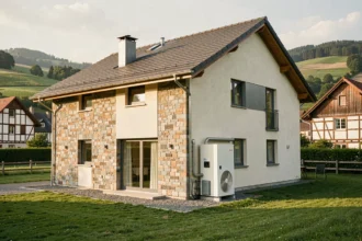 Maison alsacienne avec pompe à chaleur installée en façade, dans un cadre verdoyant du Haut-Rhin