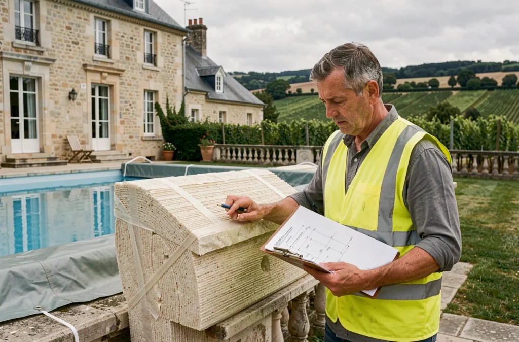 Spécialiste d'Isolac Val De Loire inspectant des panneaux d'isolation de piscine devant une propriété du Val de Loire