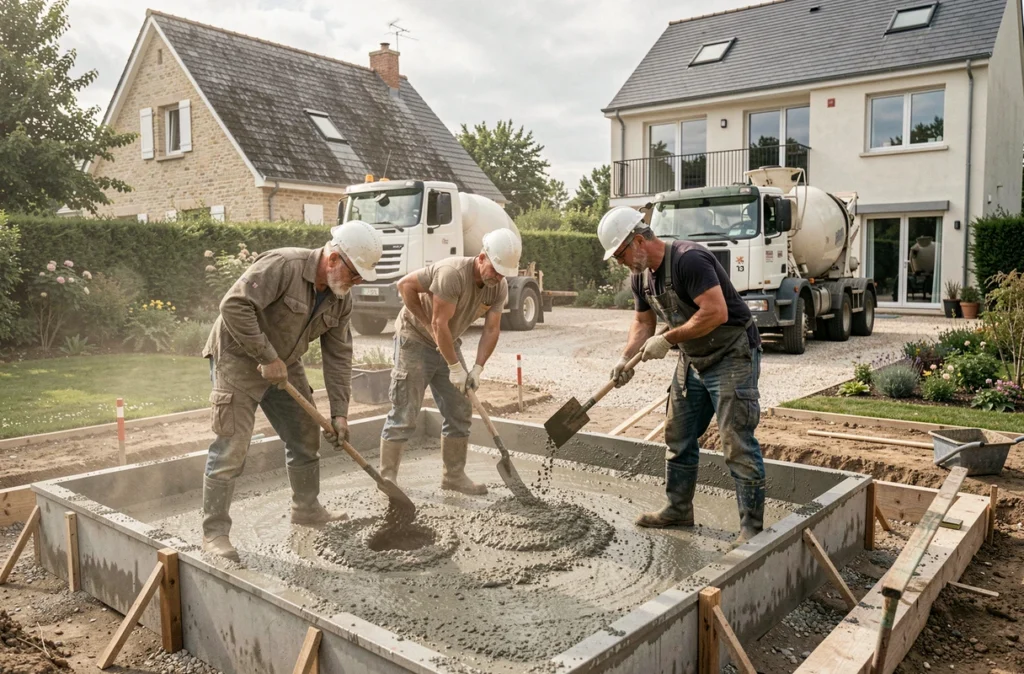 Équipe de LMS Piscines 49 coulant du béton dans la coque d'une piscine en construction dans un jardin résidentiel en Maine-et-Loire