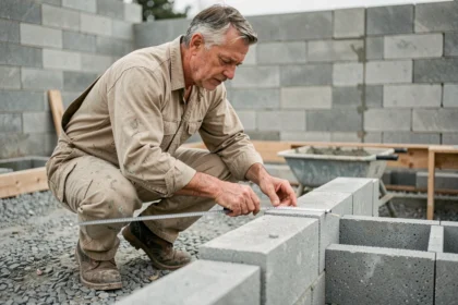 Maçon mesurant des parpaings standard sur un chantier de construction avec un mètre ruban