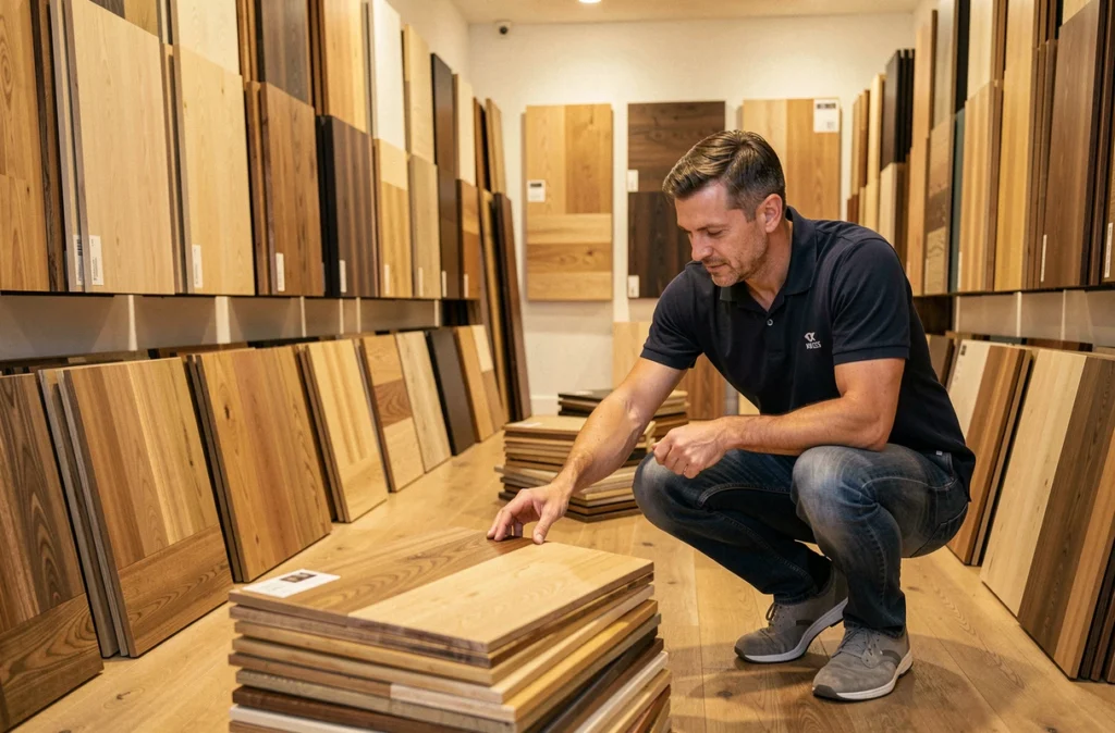 Showroom de parquet à Harfleur avec des échantillons de bois et un vendeur conseillant une cliente