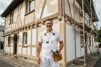 Peintre en bâtiment professionnel devant une façade normande fraîchement rénovée