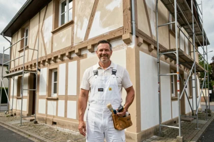 Peintre en bâtiment professionnel devant une façade normande fraîchement rénovée