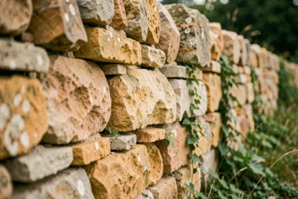 Gros plan sur un mur en pierre de moellon calcaire aux teintes ocre et beige avec végétation rustique