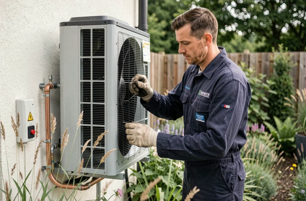 Installateur réglant une pompe à chaleur air/eau fixée en extérieur d'une maison individuelle