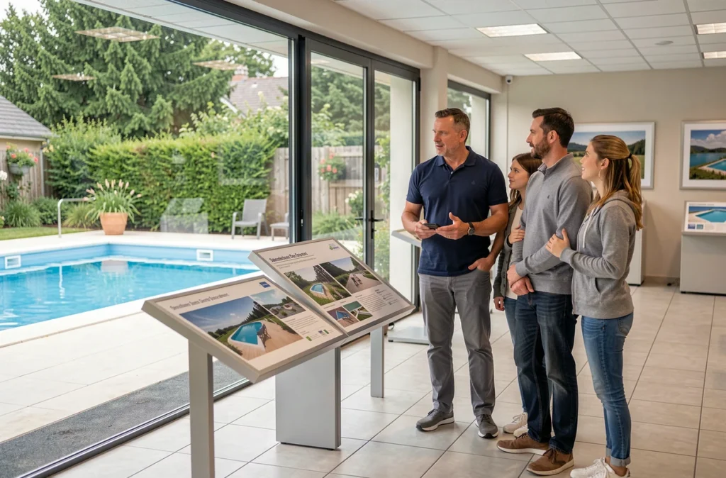 Représentant commercial de Piscines De France Aqua Bleue Loisirs présentant des modèles de piscines à une famille dans un showroom
