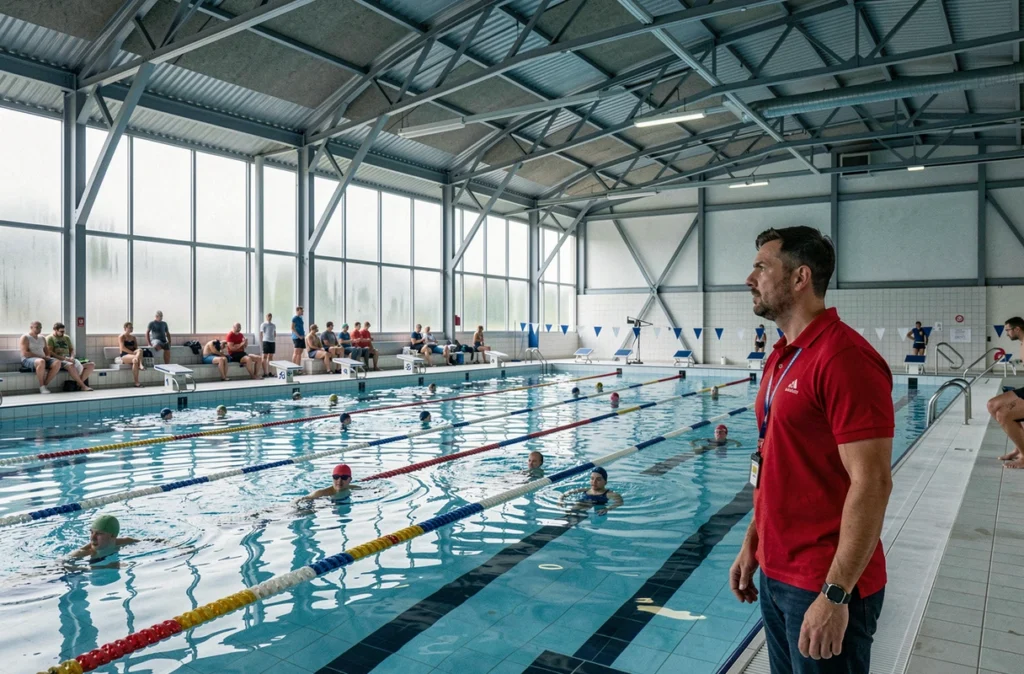 Maître-nageur surveillant les nageurs dans une piscine municipale couverte de grande taille en Maine-et-Loire avec des lignes de couloir