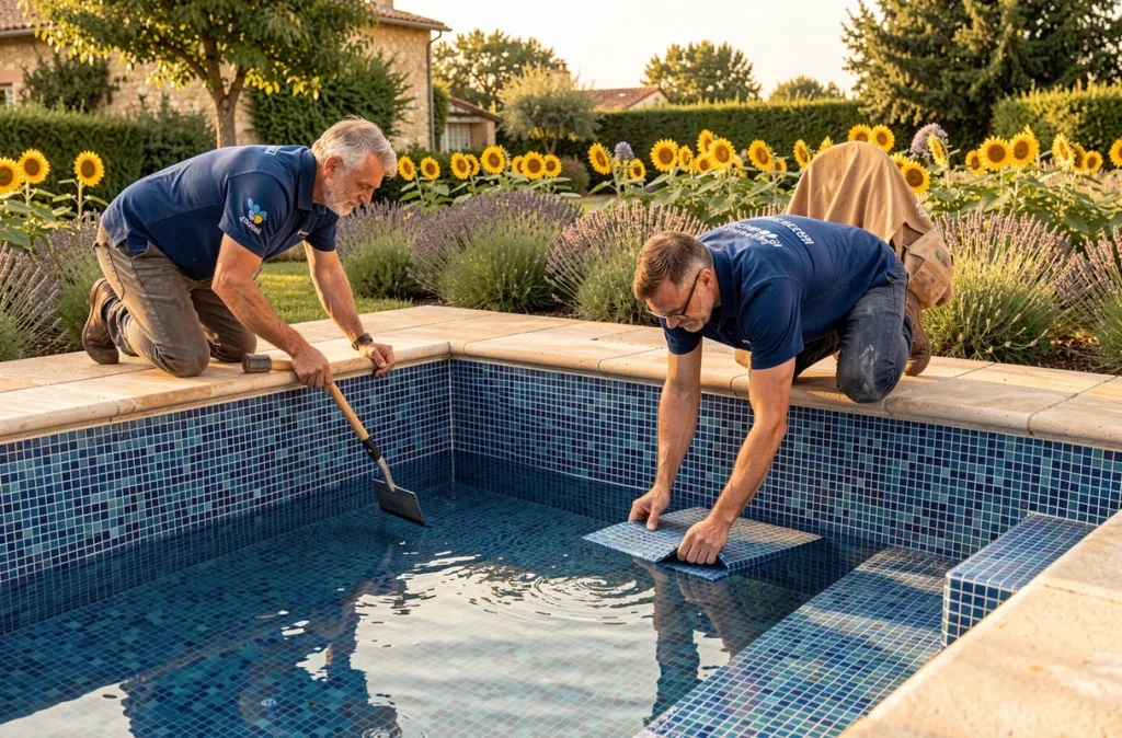 Équipe de Piscines Soleil D'Anjou posant des carreaux de mosaïque bleue à l'intérieur d'une piscine en construction dans un jardin angevin