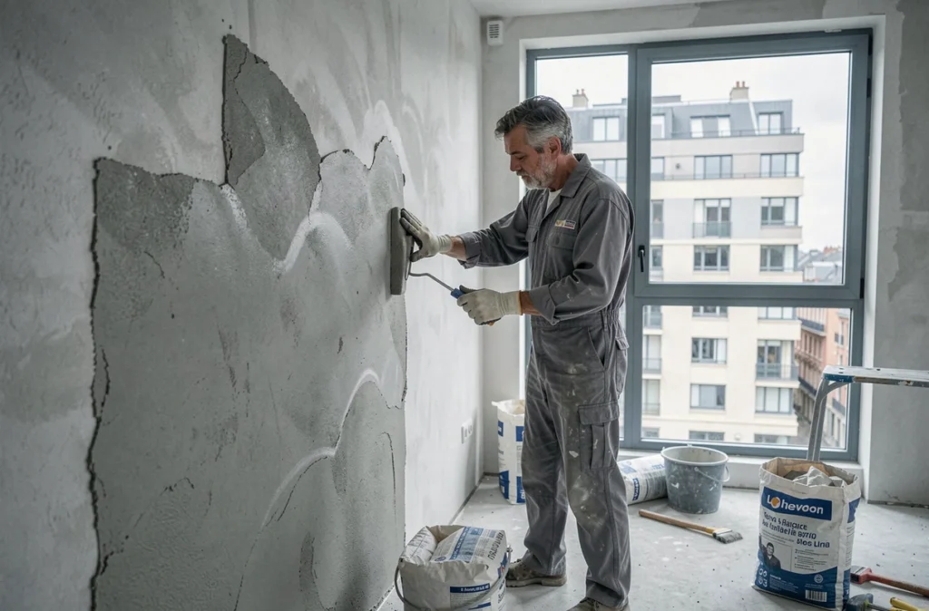 Ouvrier en rénovation lissant un mur dans un appartement du Havre avec vue sur la ville