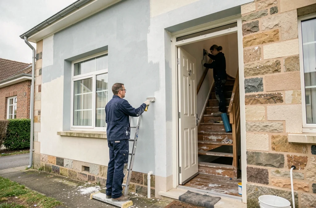 Équipe de rénovation travaillant simultanément sur l'extérieur et l'intérieur d'une maison proche du Havre