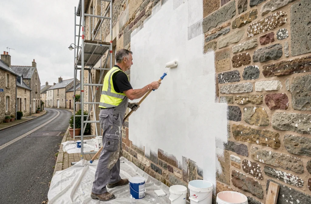 Peintre en bâtiment appliquant de la peinture blanche sur la façade en pierre d'un immeuble à Saint-Lô avec un échafaudage
