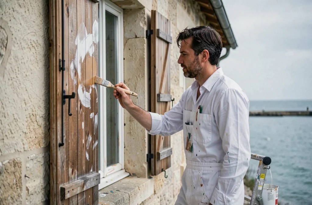 Peintre en bâtiment repeignant des volets en bois d'une villa côtière à Sainte-Adresse avec la Manche en arrière-plan
