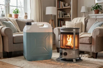 Bidon de pétrole de 20 litres posé près d'un poêle d'appoint