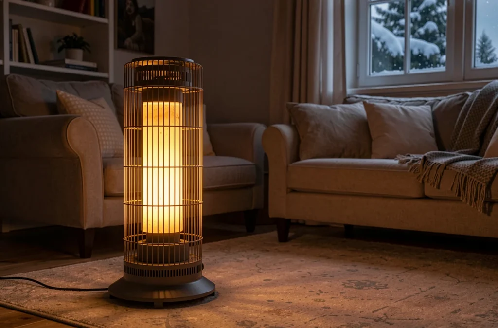 Poêle à pétrole allumé dans un salon en hiver