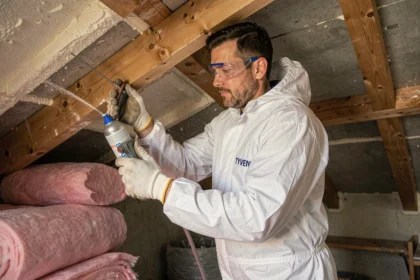 Technicien en isolation appliquant de la mousse projetée dans une toiture de maison en Seine-et-Marne